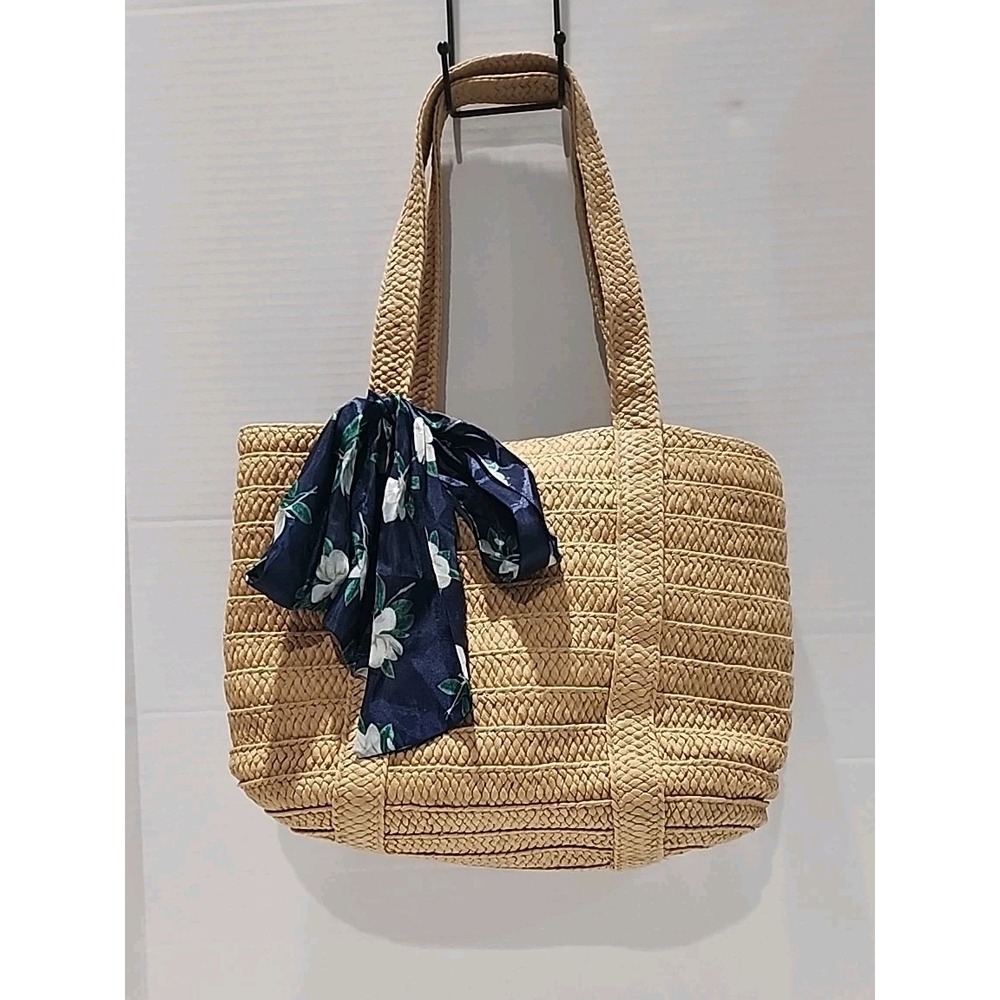 Draper James Woven Straw Tote Bag Tan Shoulder Bag with Floral Scarf Accent
